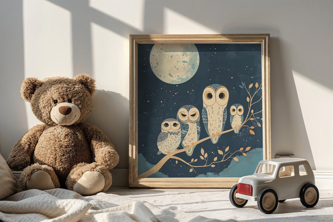 Whimsical Owl Family Moonlight Nursery Art Print - Image 4