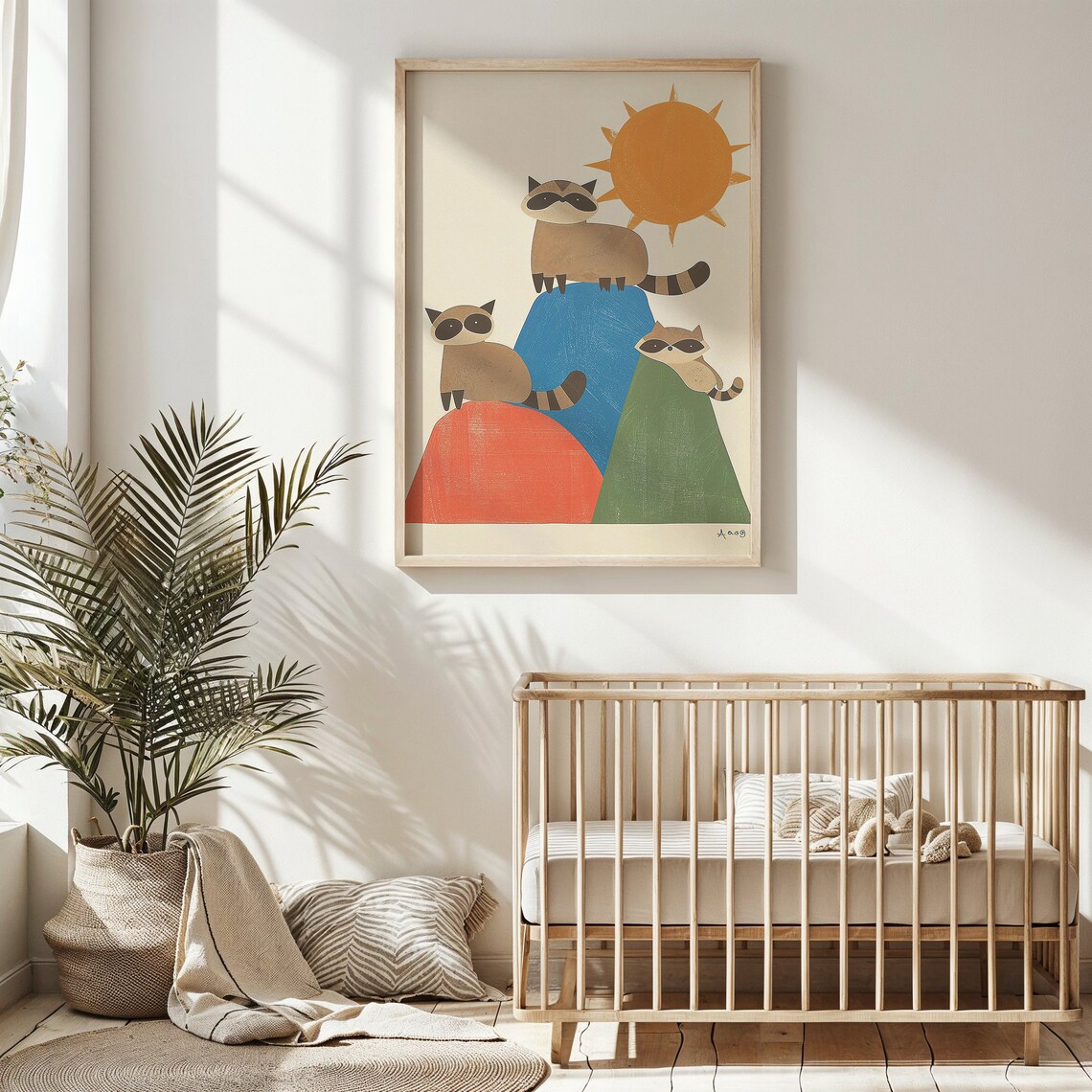 Three Raccoons On Colorful Hills Under Big Orange Sun Kids Poster - Image 5