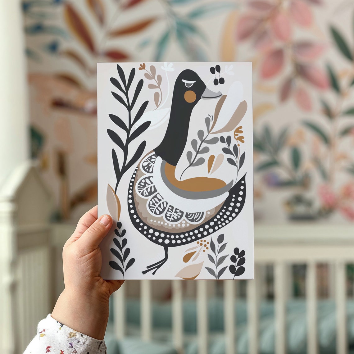 Folk Art Duck Nursery Poster Scandinavian Black Tan Botanical Print - Image 2