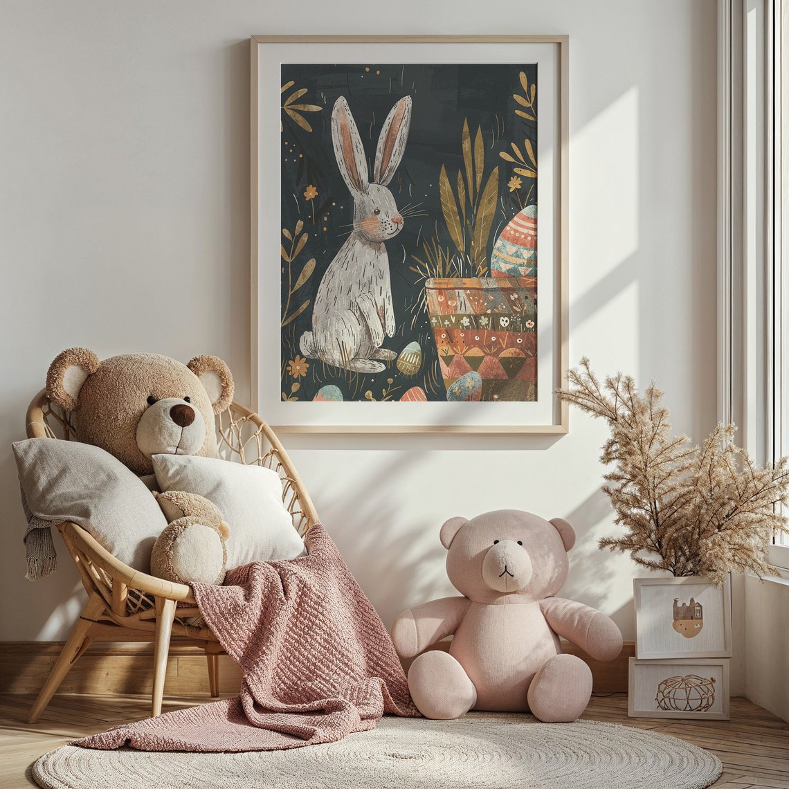 White Bunny Patterned Egg Pot Golden Garden Dark Nursery Poster - Image 3