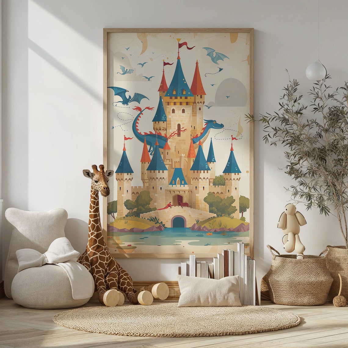 Fairytale Castle Friendly Blue Dragon Whimsical Storybook Kids Poster - Image 3