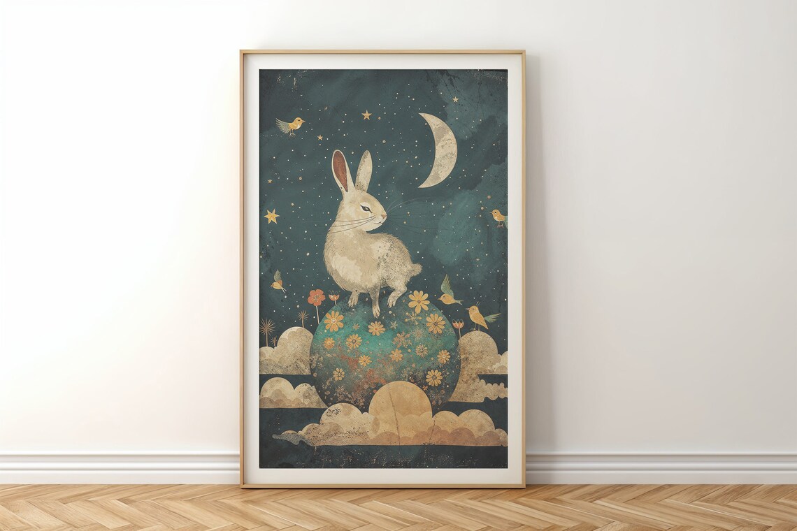 Moonlit Bunny Birds Nursery Art Print, Celestial Rabbit - Image 6
