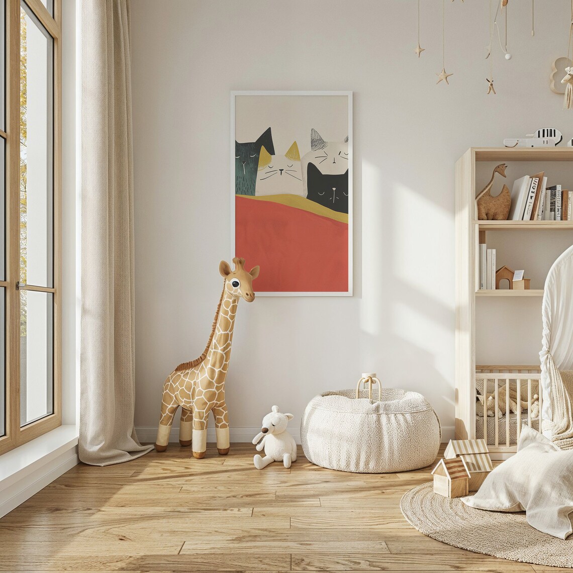 Four Minimalist Cats Tucked Under Red Blanket Nursery Poster - Image 4