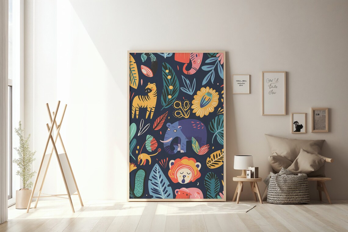 Colorful Jungle Safari Animals Pattern Dark Navy Nursery Wall Art Print - Image 6