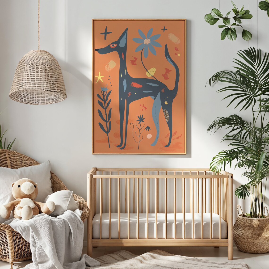 Sleek Black Dog Orange Sunset Stars Folk Art Animal Wall Poster - Image 3