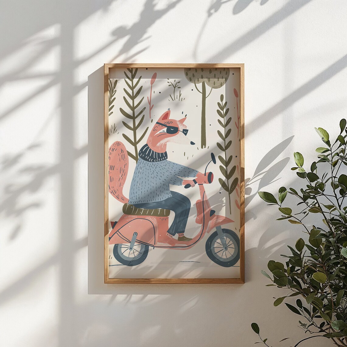 Cool Fox Riding Pink Scooter Nursery Poster Sunglasses Kids Room Art - Image 3
