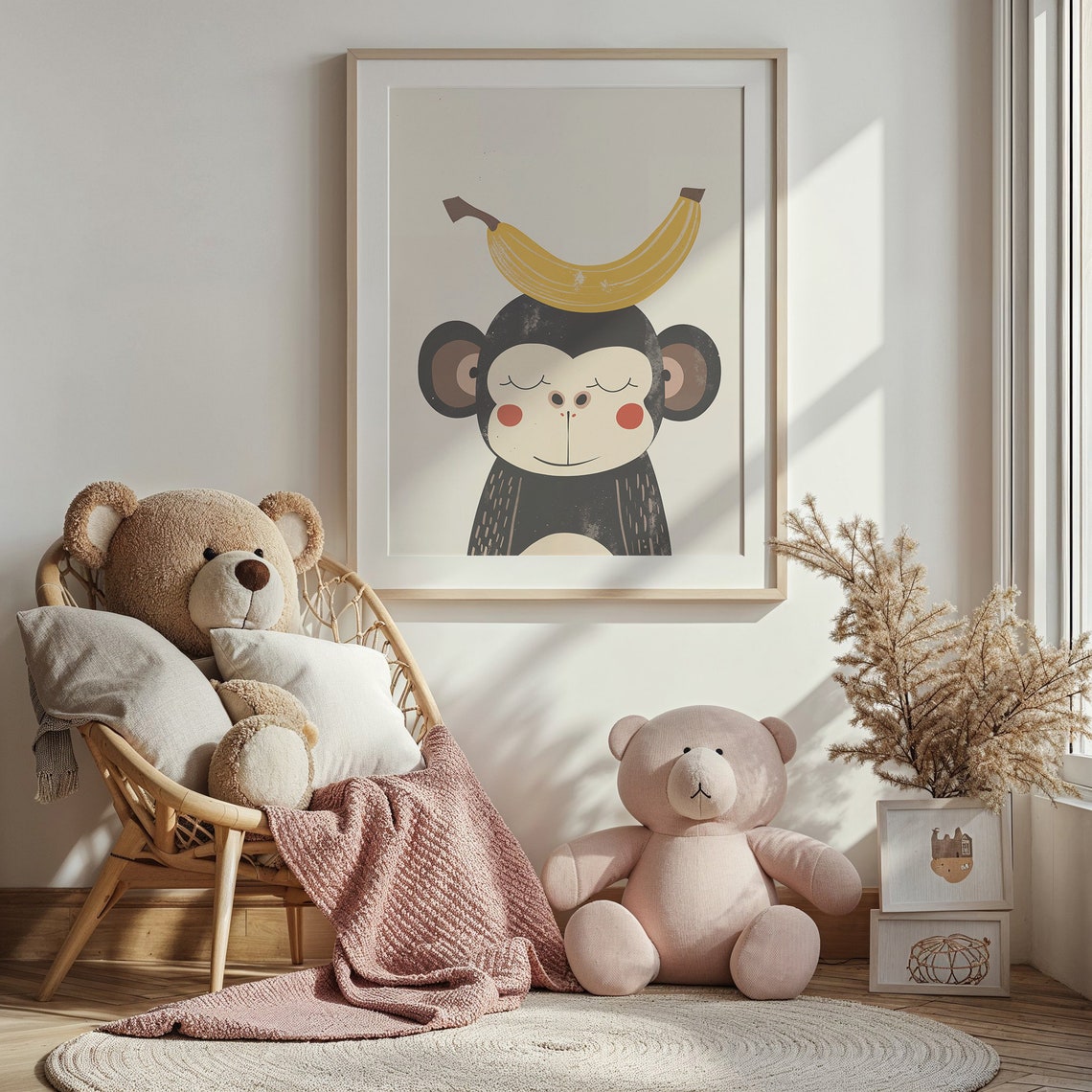 Cute Monkey Balancing Yellow Banana Sweet Smiling Nursery Art Poster - Image 2