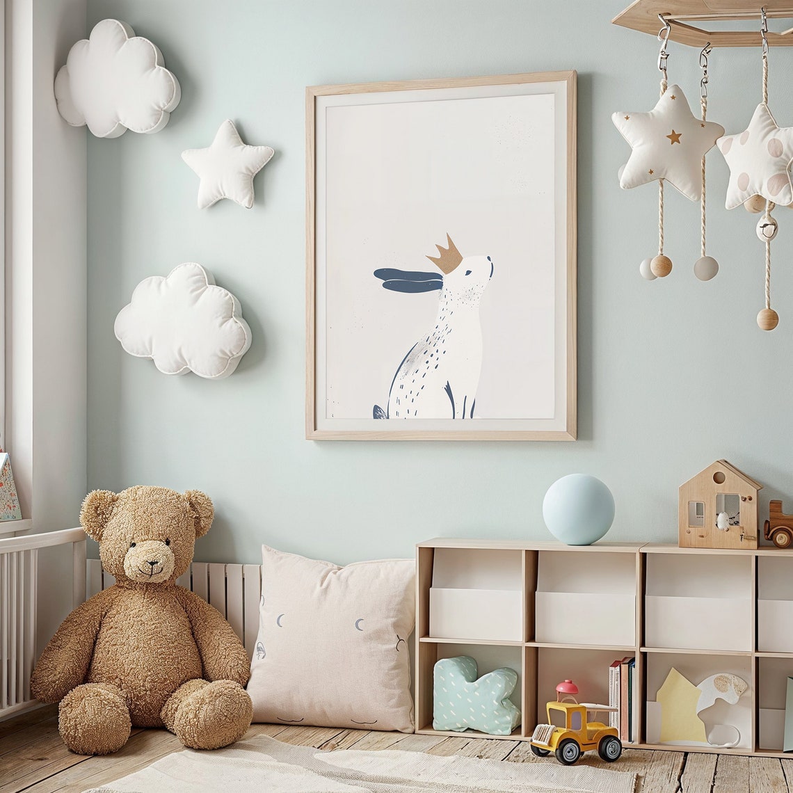 Crowned White Bunny Blue Ears Minimalist Neutral Nursery Wall Poster - Image 2