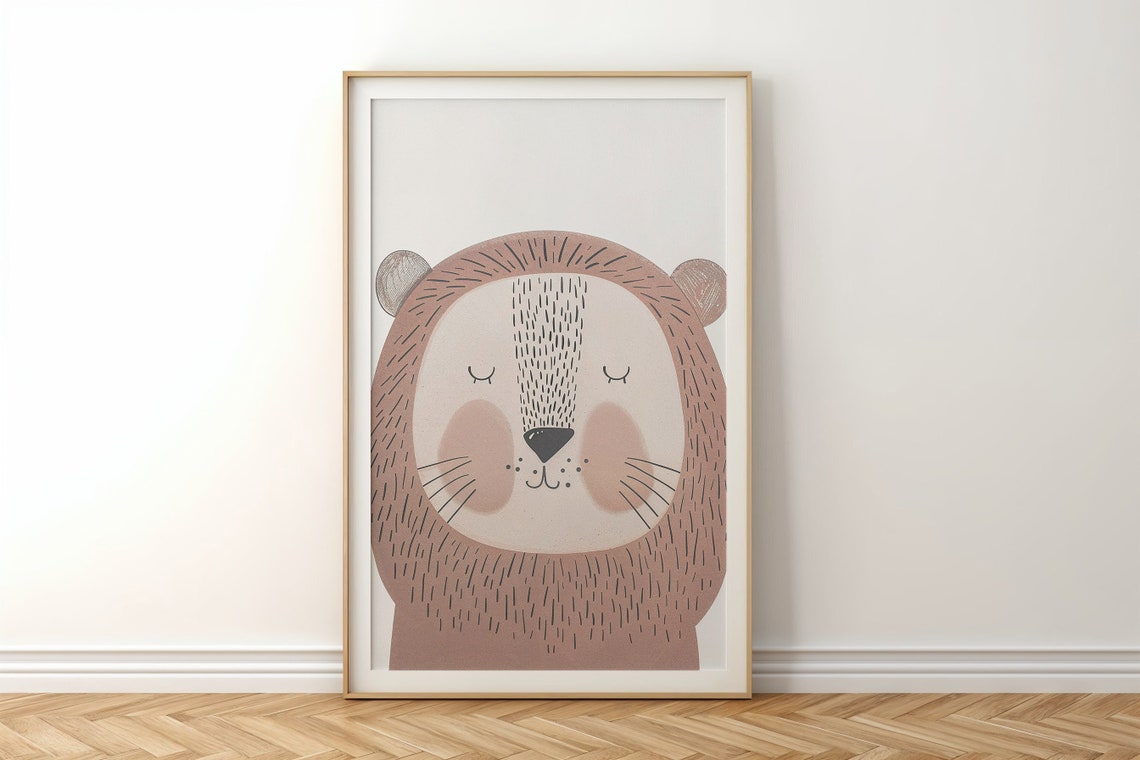 Sleeping Lion Face Nursery Poster Blush Pink Minimalist Baby Wall Art - Image 5