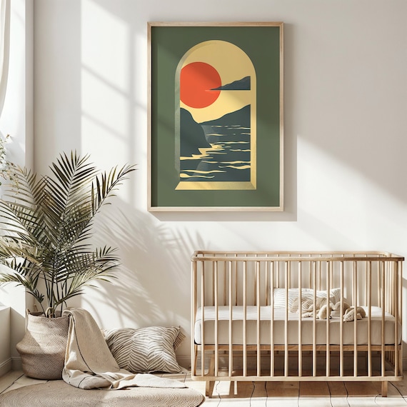 Sunset Seascape Nursery Wall Art Abstract Ocean Print Kids Bedroom Decor Modern Nautical Poster Artwork Gift For Children
