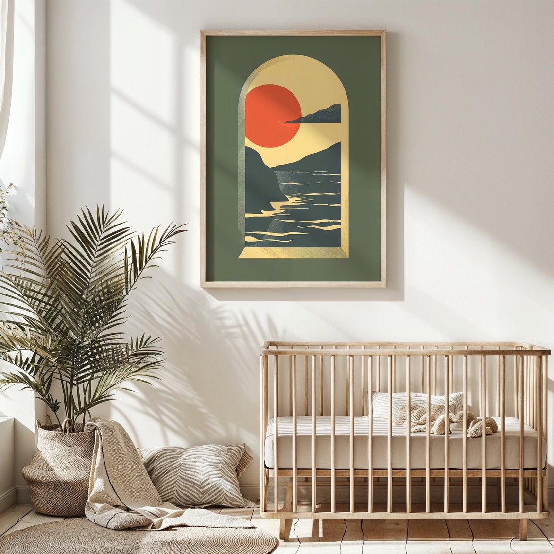 Burning Red Sun Over Ocean Waves Boho Archway Sunset Print Poster
