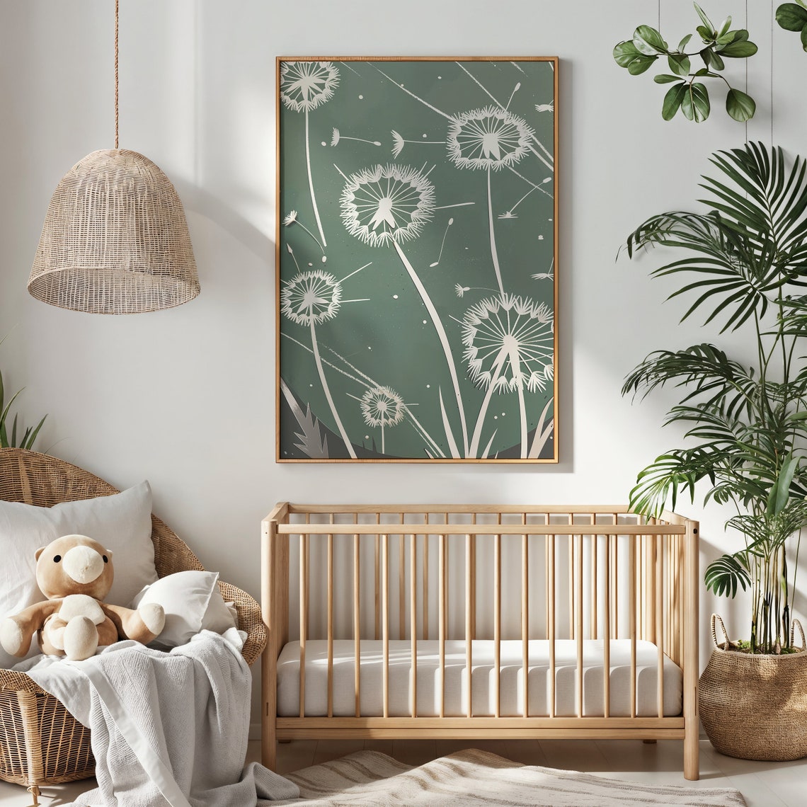 White Dandelion Silhouette Sage Green Botanical Wall Art Poster - Image 3