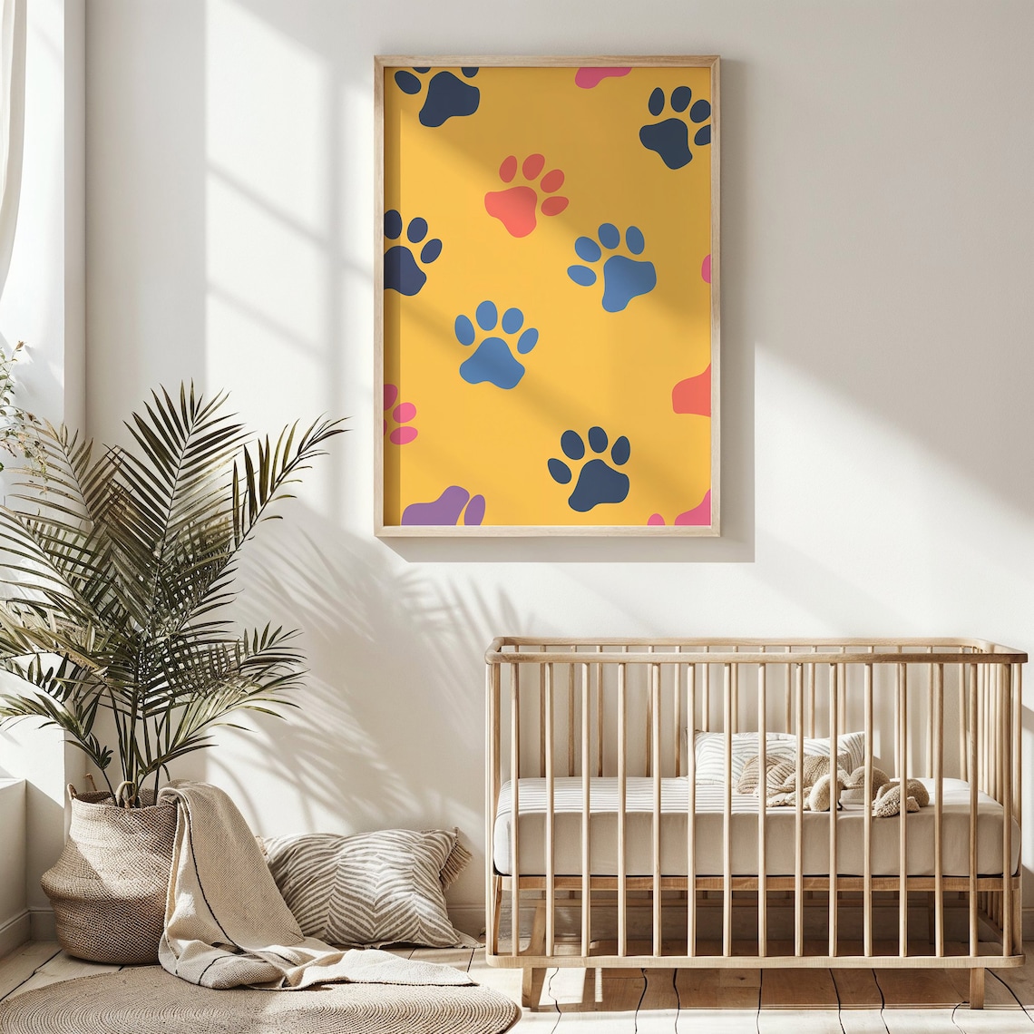 Colorful Paw Prints Mustard Yellow Background Kids Nursery Art Poster