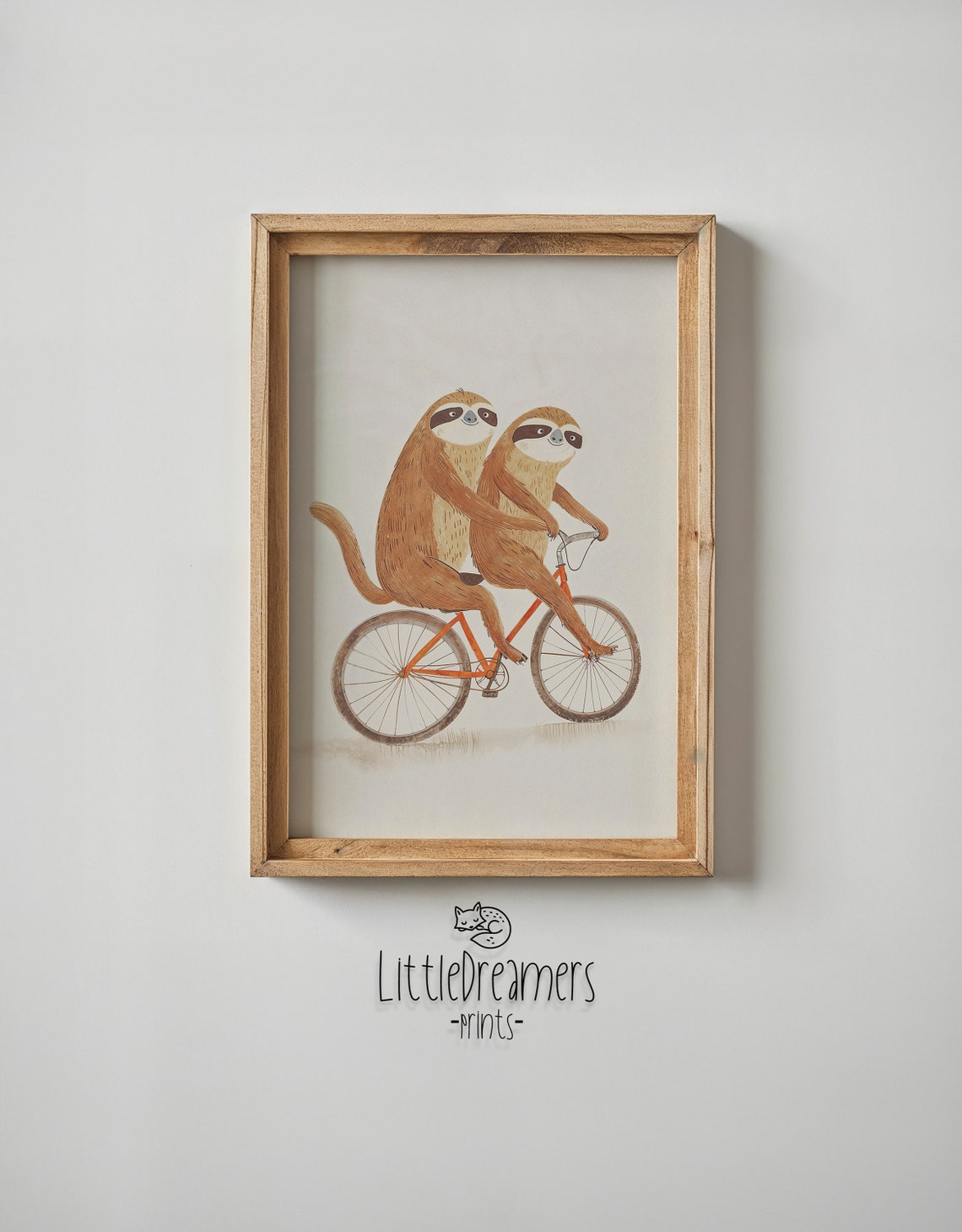 Two Sloths Riding Tandem Bicycle Watercolor Nursery Kids Room Poster