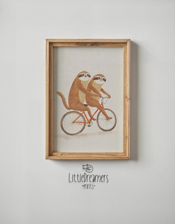 Two Sloths Riding Tandem Bicycle Watercolor Nursery Kids Room Poster