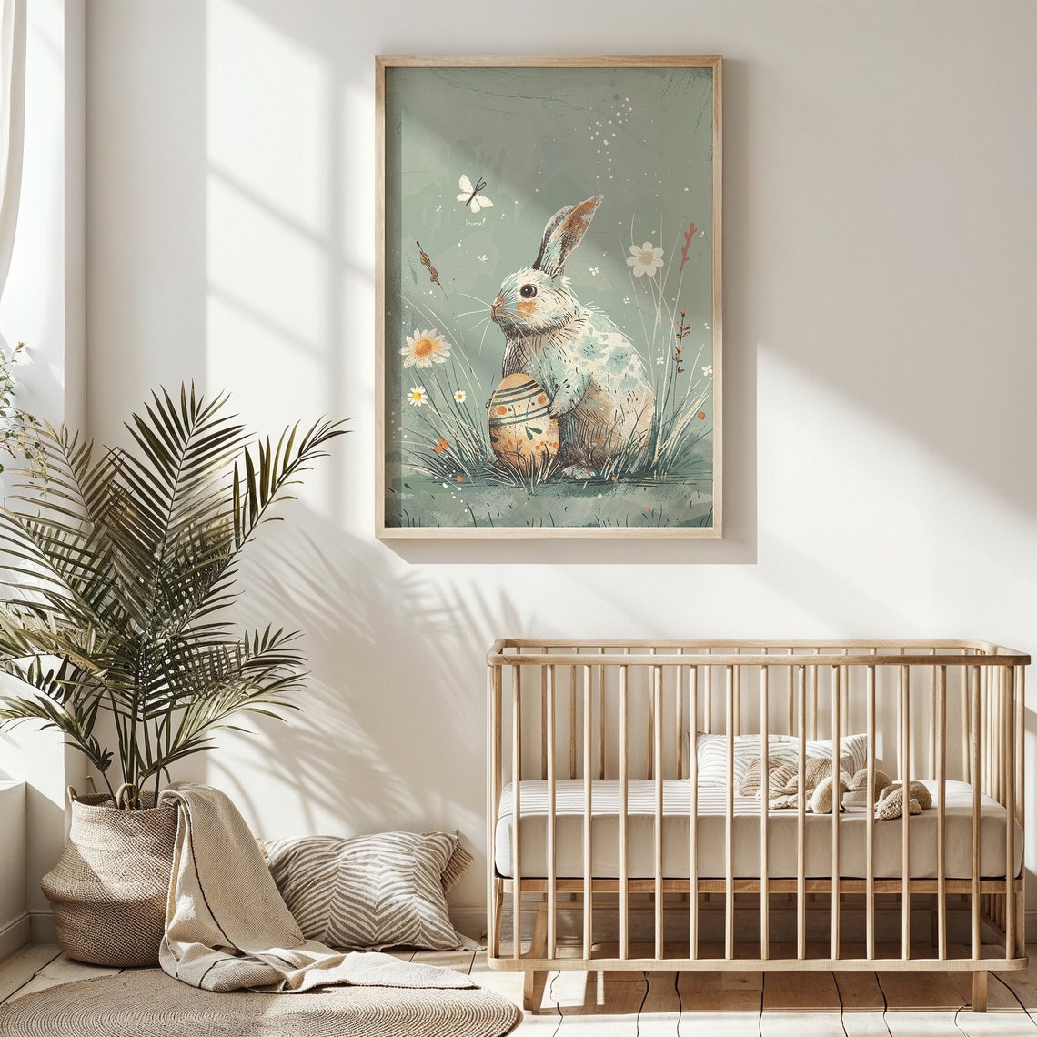 Gray Bunny Holding Painted Easter Egg With Daisies Vintage Art Print - Image 4