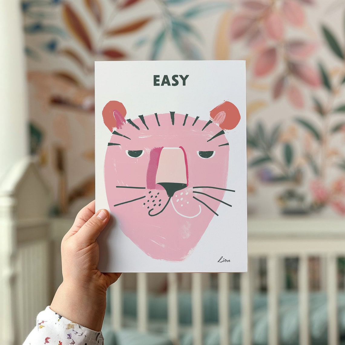 Pink Easy Lion Face Naive Kids Nursery Animal Wall Art Poster - Image 3