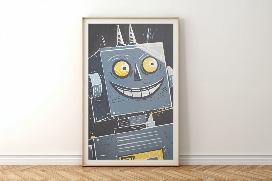 Friendly Square Head Robot Space Kids Room Decor Cheerful Wall Poster - Image 5