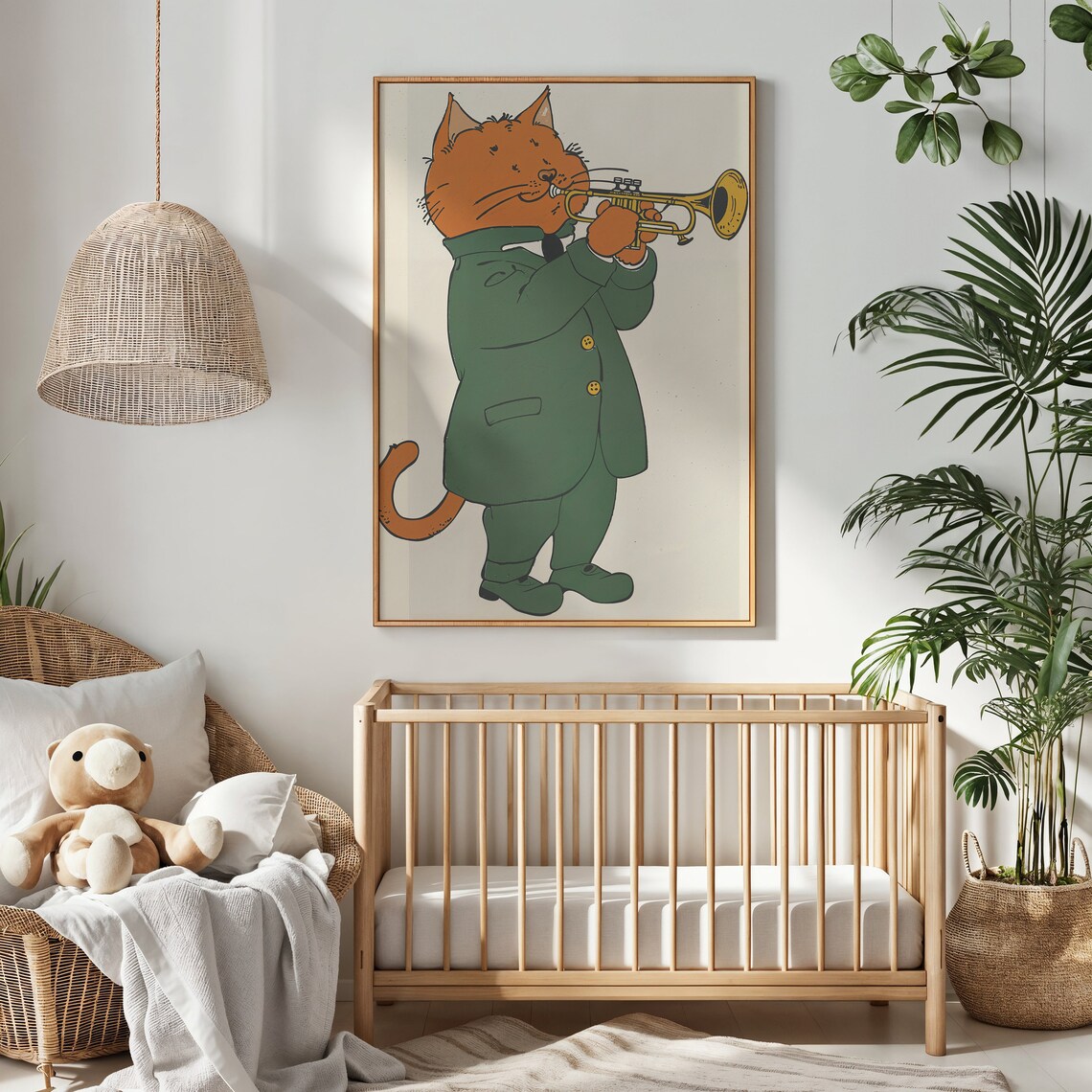 Cat Playing Gold Trumpet Green Suit Kids Music Room Wall Poster - Image 3