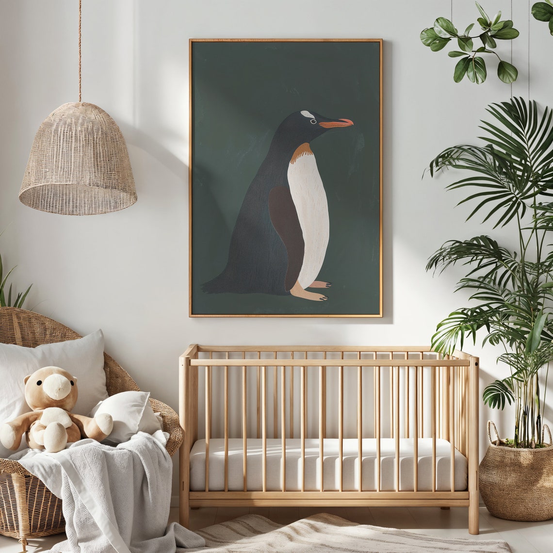 Penguin With Orange Beak On Forest Green Minimalist Nursery Art Poster - Image 3