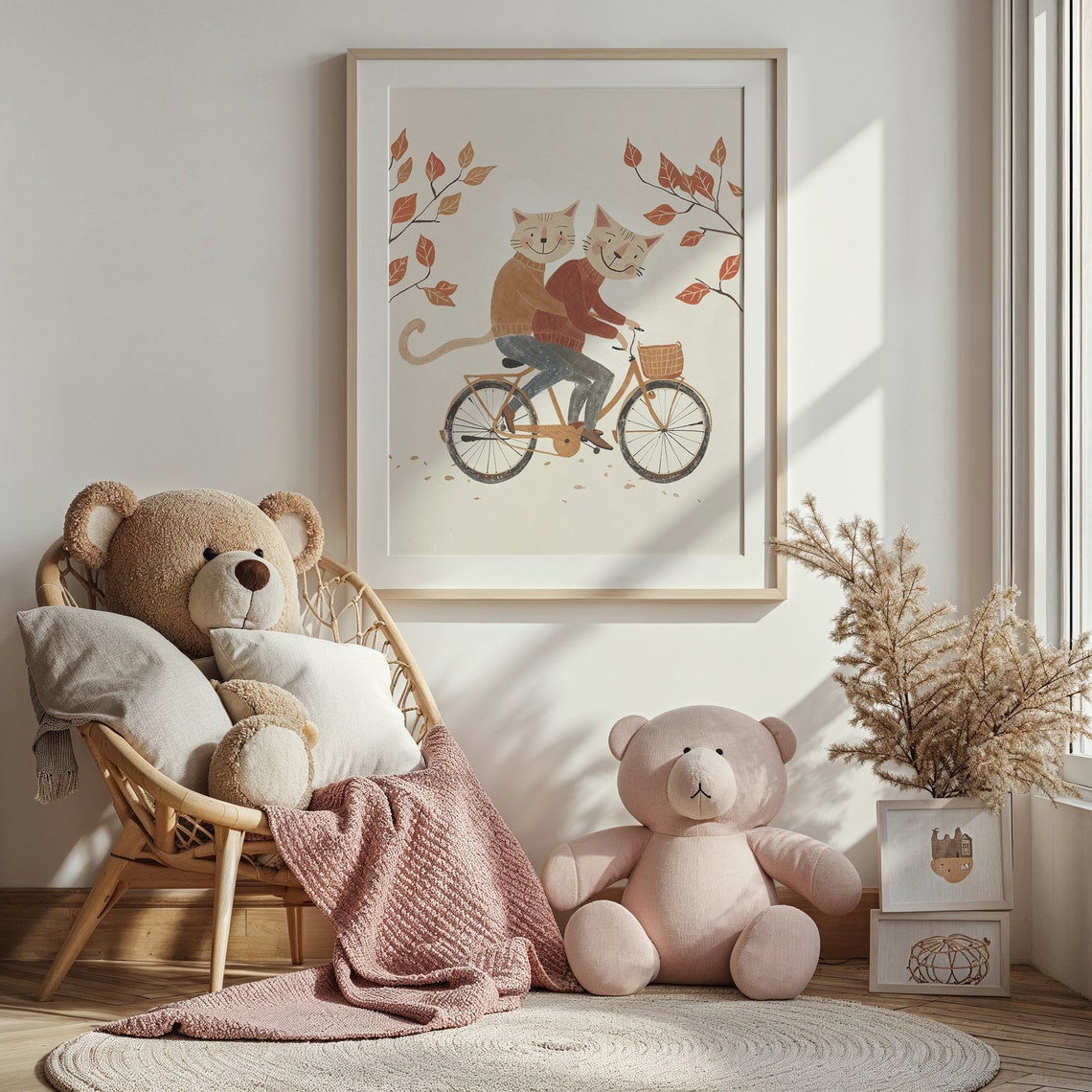 Two Cats Riding Bicycle In Autumn Leaves Whimsical Nursery Poster - Image 5
