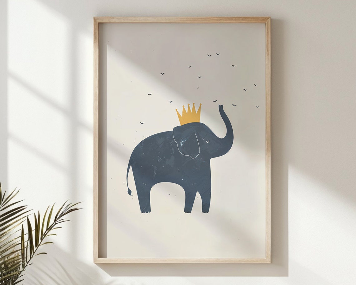Royal Navy Elephant Gold Crown Trunk Up Minimalist Nursery Wall Poster - Image 6