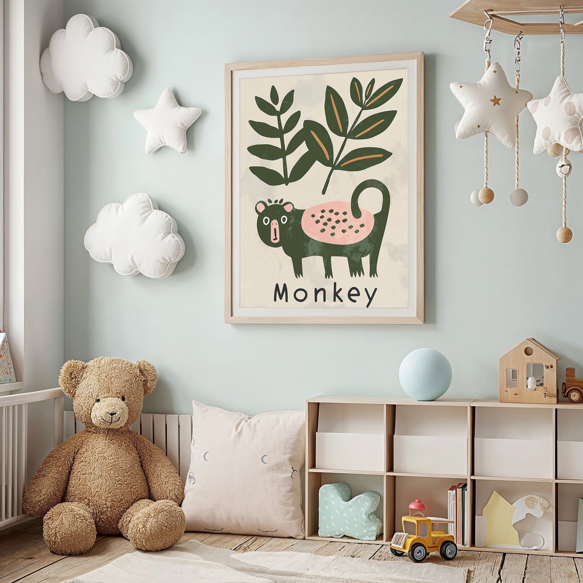 Green Monkey Pink Spotted Belly Tropical Leaves Kids Jungle Poster - Image 2