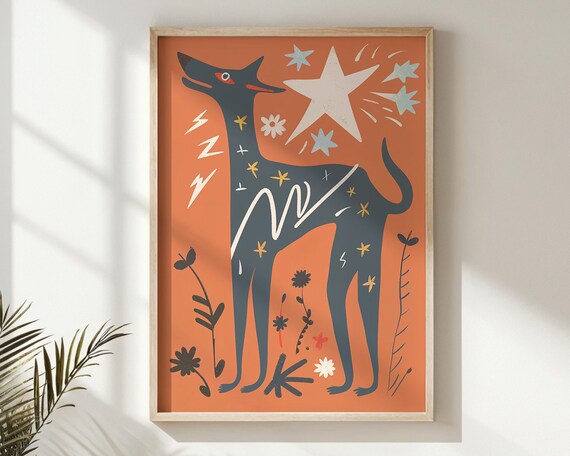 Bold Black Dog Orange Starry Sky Folk Art Animal Wall Poster
