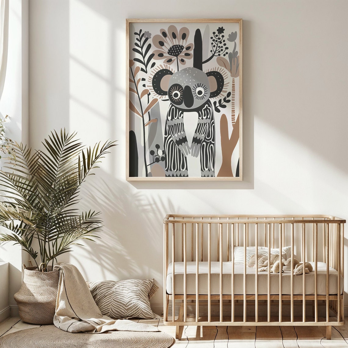 Monochrome Koala Folk Art Nursery Poster Black White Botanical Print