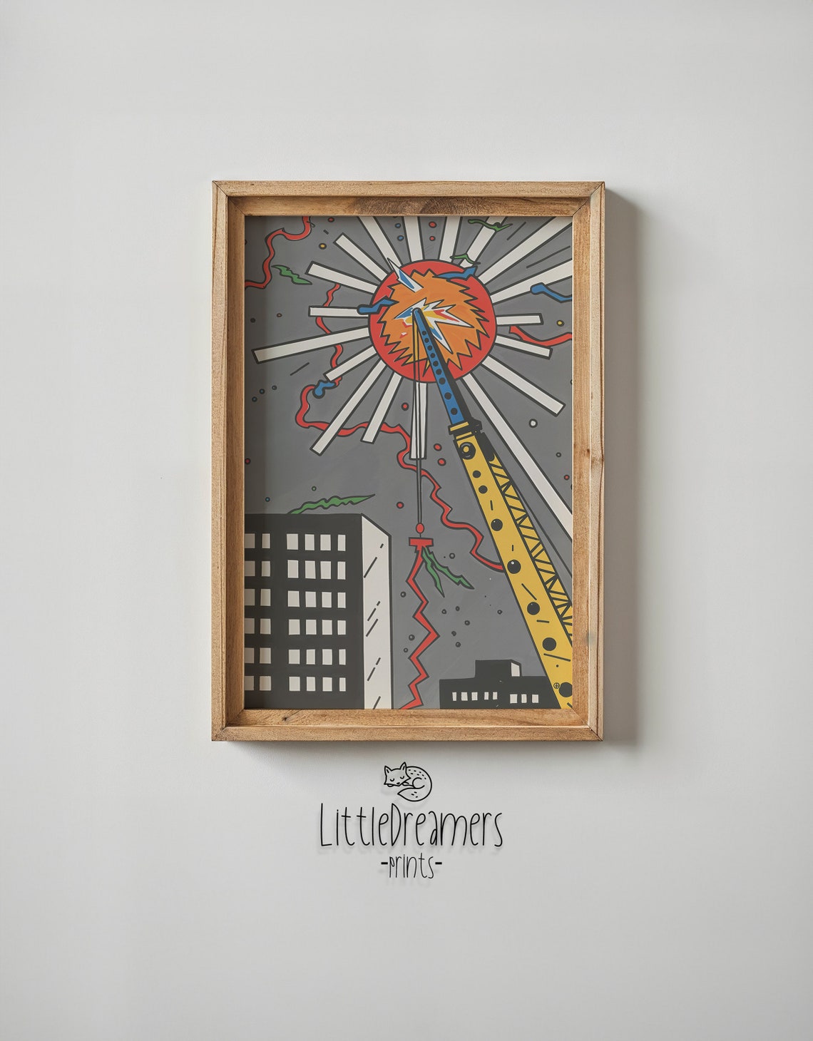 Pop Art Crane Lifting Sun City Building Bold Comic Wall Poster