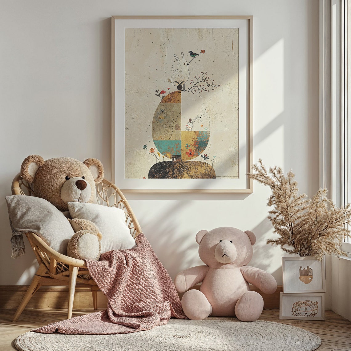 Abstract Bunny And Bird Minimalist Neutral Modern Nursery Wall Art - Image 4