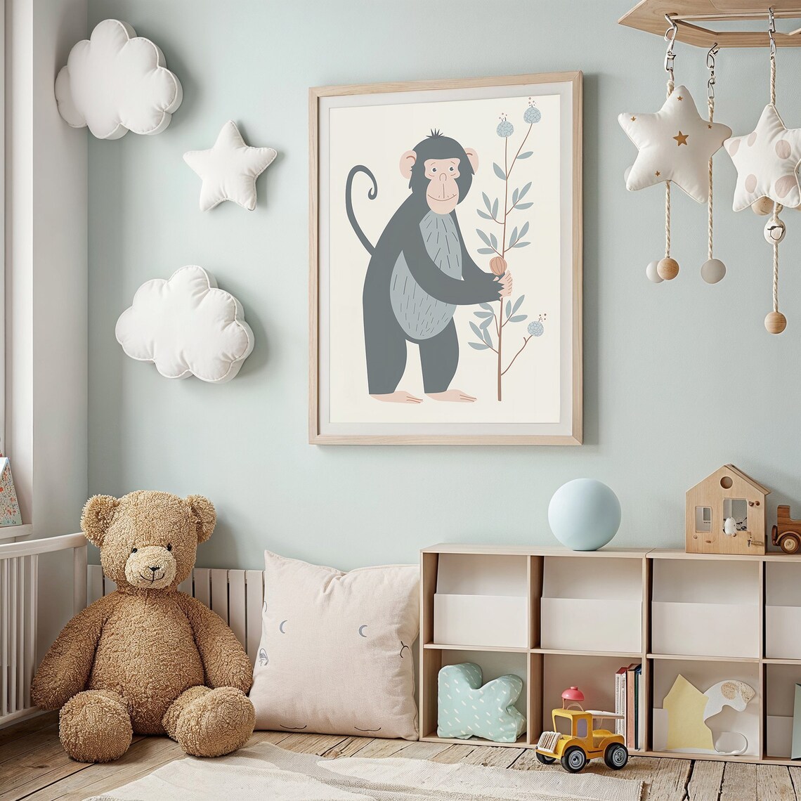 Smiling Monkey Holding Plant Branch Minimalist Nursery Wall Art Poster - Image 2
