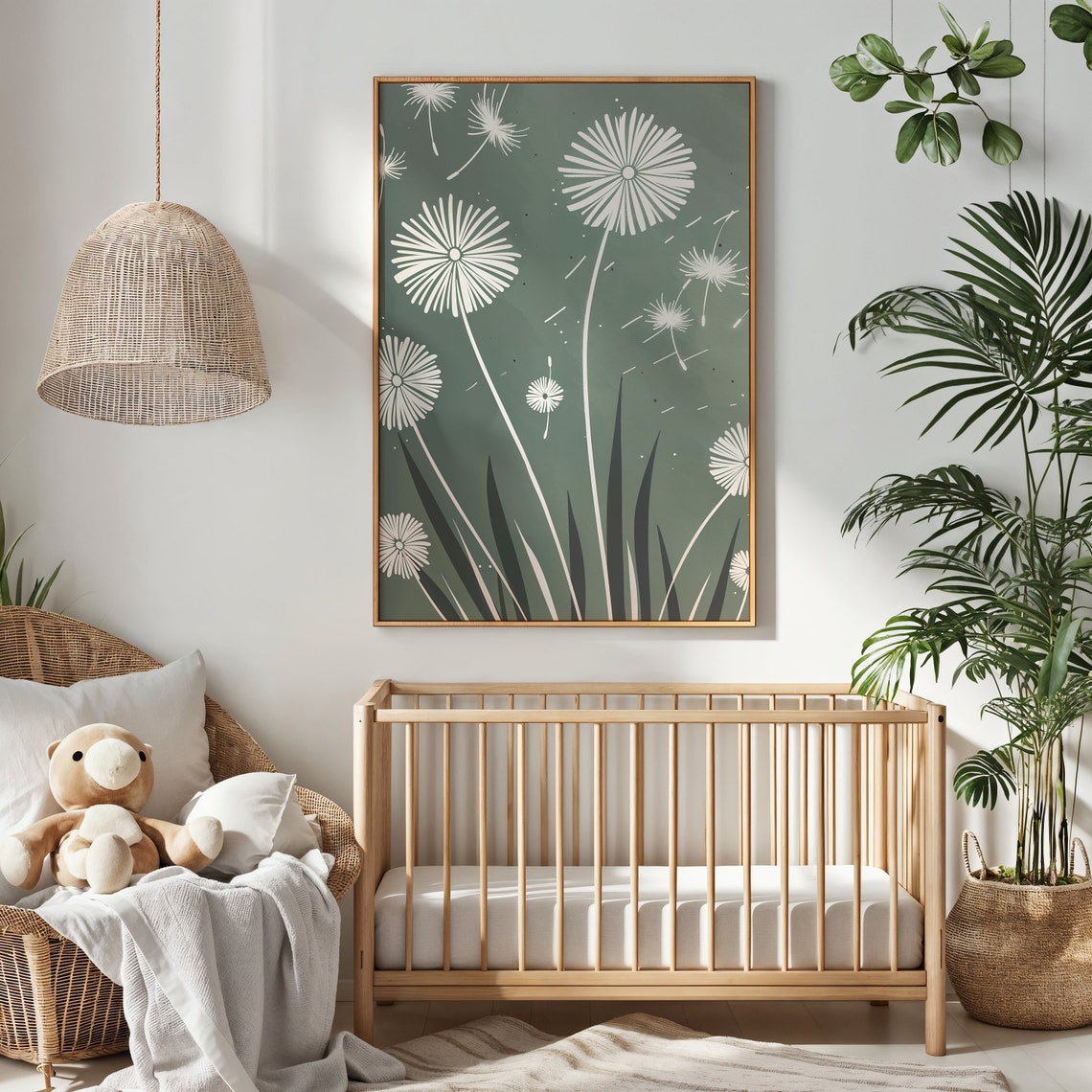 Delicate White Dandelions Sage Green Botanical Wall Art Poster - Image 3