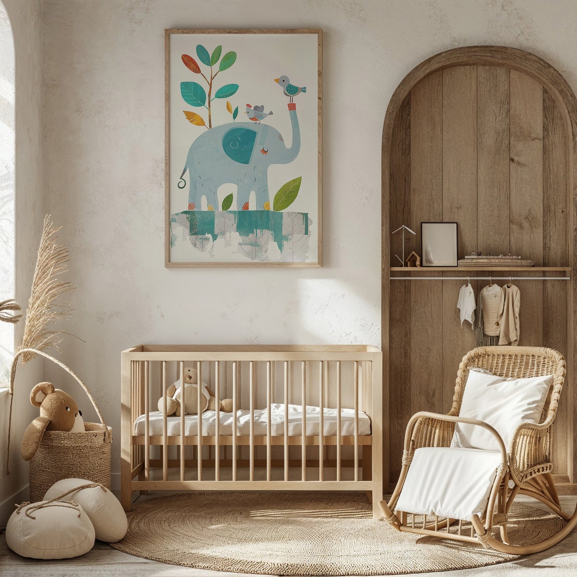 Light Blue Elephant With Birds Colorful Leaves Nursery Poster - Image 2