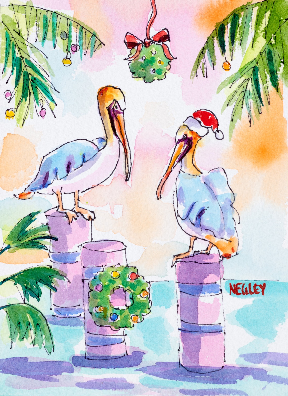 Ellen Negley Christmas Pelican Watercolor Art Print