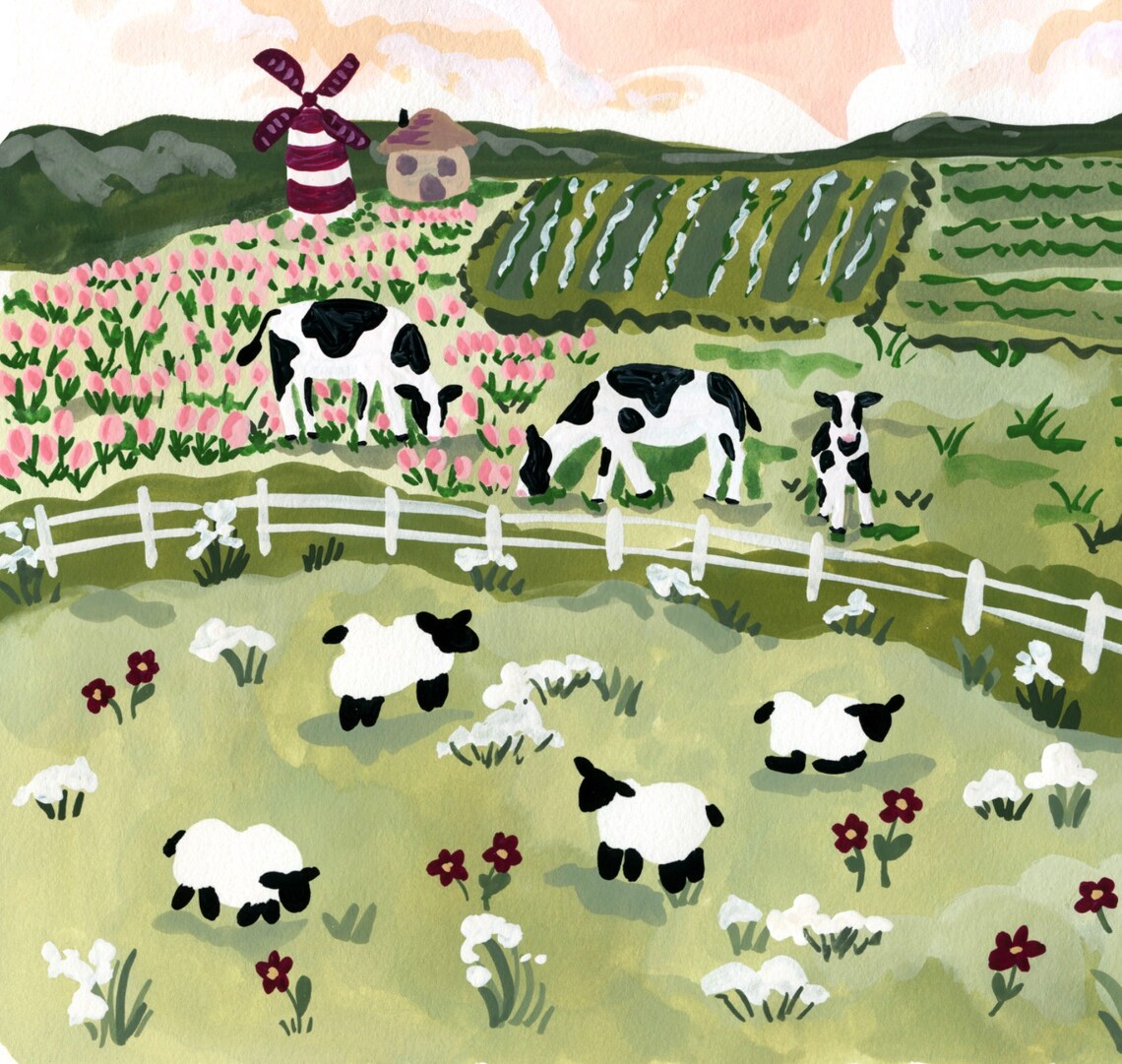 Pasture Painting Holland Landscape with Sheep and Cow - Image 3