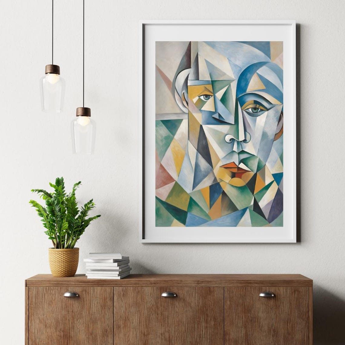 Cubist Geometric Abstract Face in Cool Blue and Gold Tones Poster - Image 4
