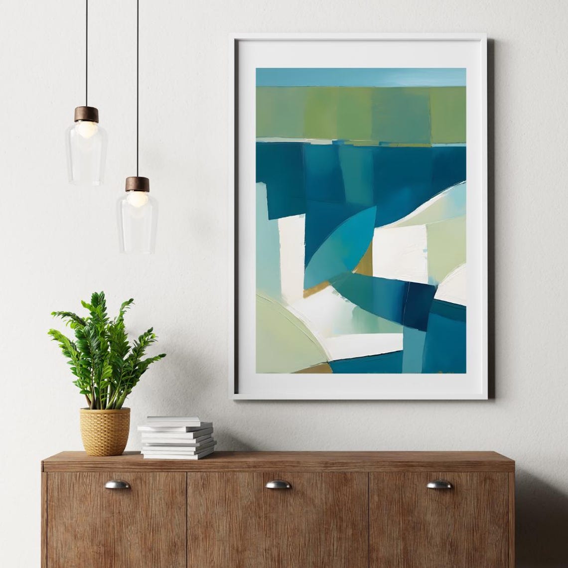 Abstract Blue and Green Geometric Shapes Contemporary Art Poster - Image 2