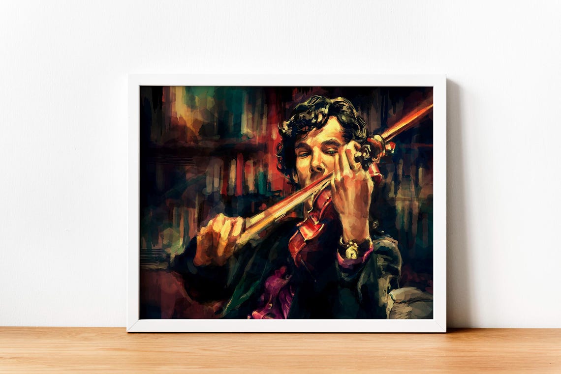 Moody Man Playing Violin in a Dark Library Cinematic Painting Poster - Image 2