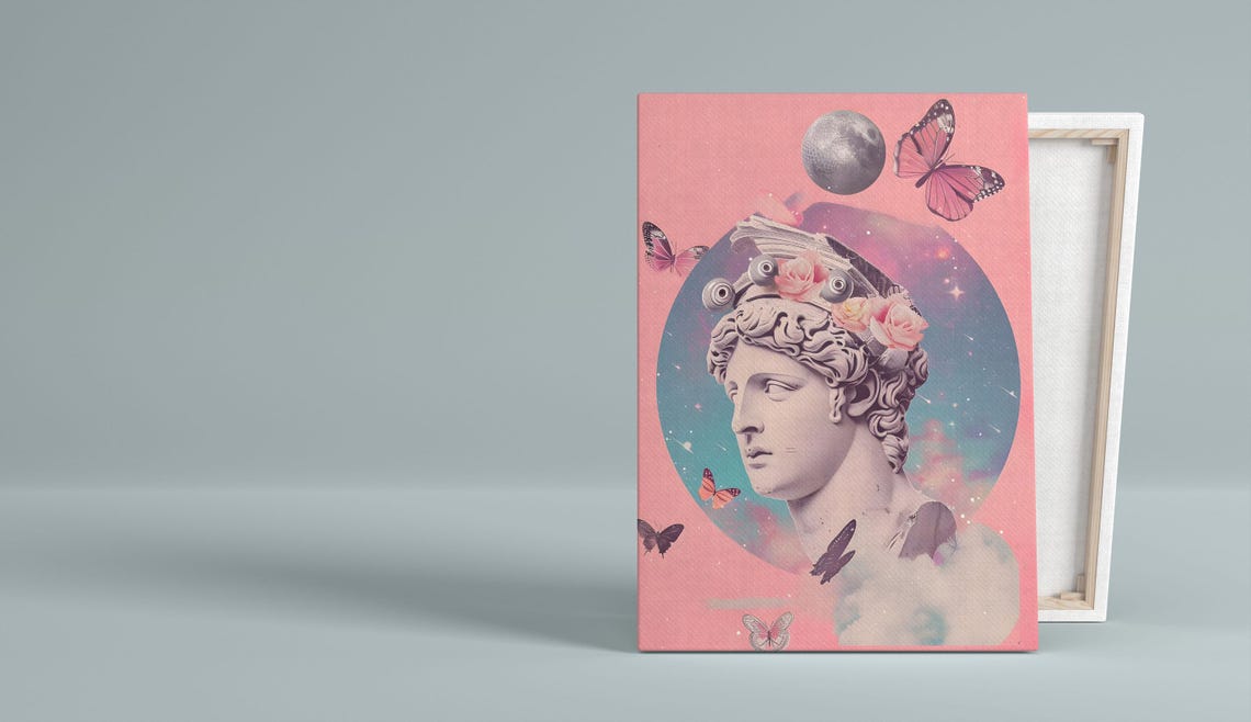 Greek Statue Bust With Butterflies And Moon Pink Pop Collage Poster - Image 5