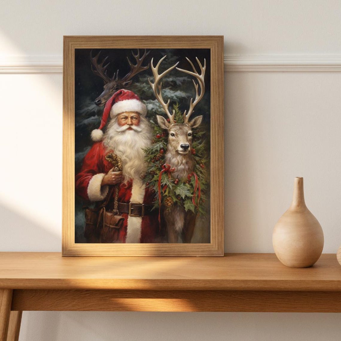 Santa Claus Standing With Two Reindeer in a Snowy Forest Art Poster - Image 3
