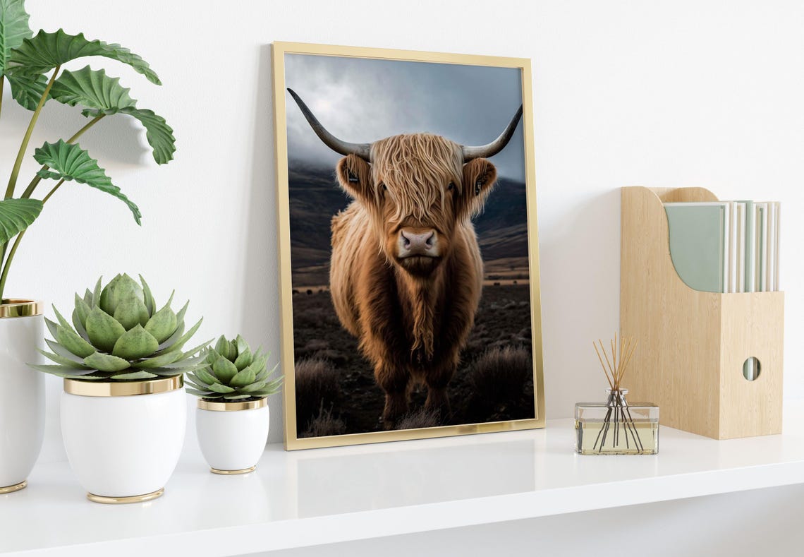 Highland Cow Standing In Scottish Highlands Landscape Framed Poster - Image 2
