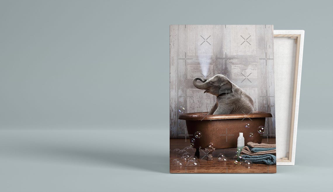 Baby Elephant In Vintage Copper Bathtub With Bubbles Funny Art Poster - Image 3