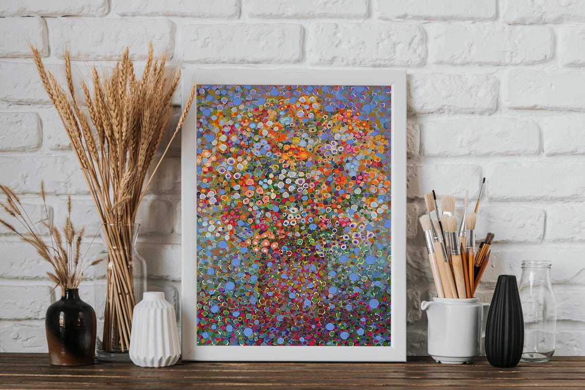 Abstract Blue Dot Painting With Multicolor Circles Modern Wall Art - Image 5