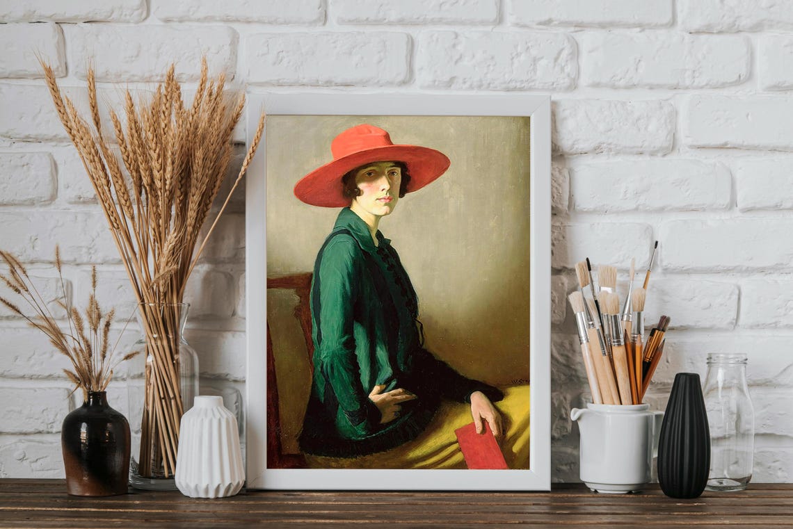 Woman In Red Hat And Green Jacket Vintage Oil Portrait Art Poster - Image 4