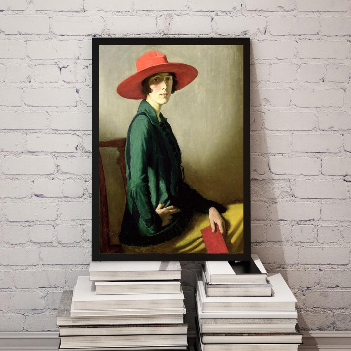 Elegant Vintage Woman in a Red Hat and Green Coat Portrait Poster - Image 4