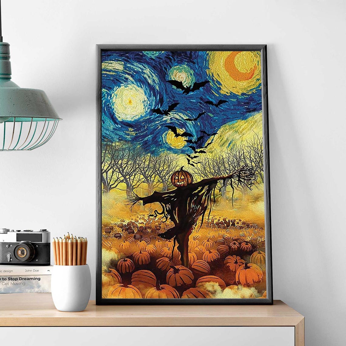 Starry Night Style Halloween Scarecrow Pumpkin Patch Wall Art - Image 3