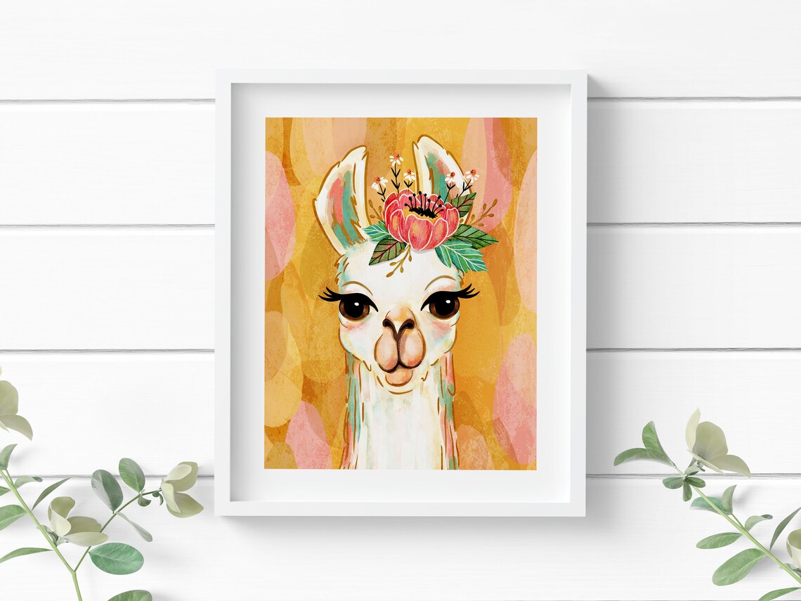 Whimsical Llama Portrait with Pink Flower Crown Pastel Wall Art - Image 2