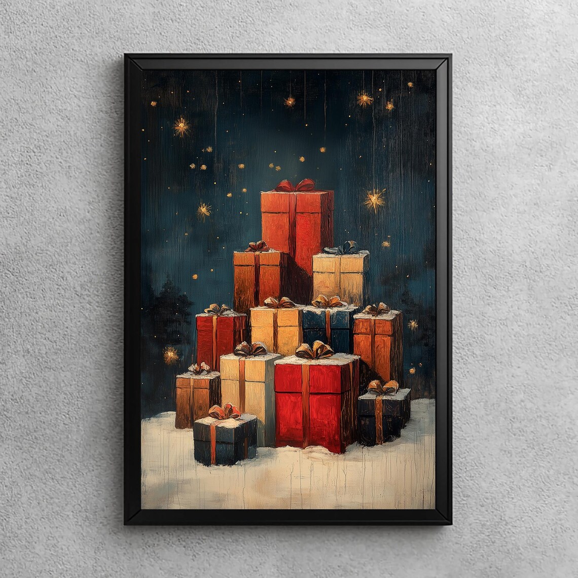Vintage Christmas Presents Art Print, Festive Decor