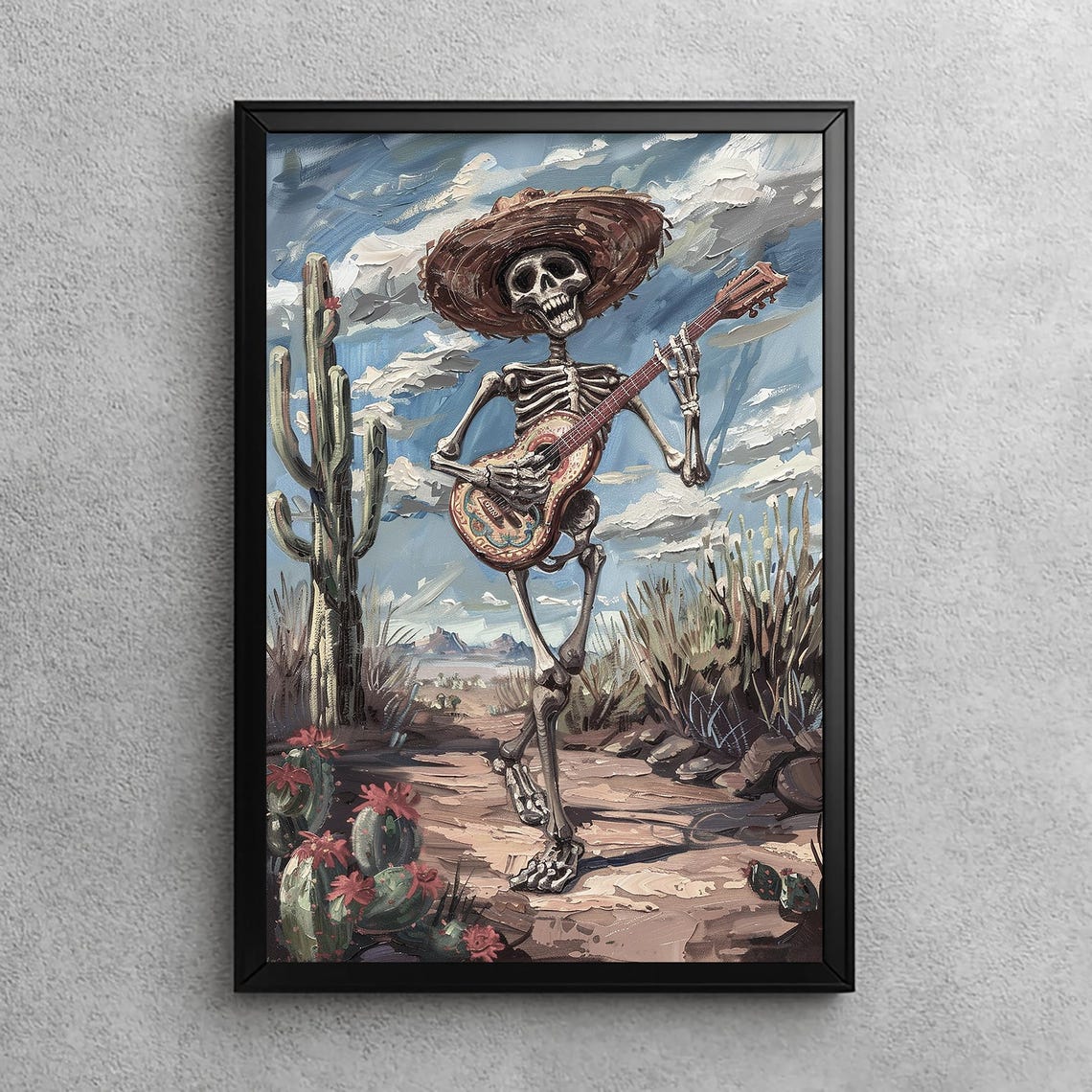 Dancing Skeleton With Guitar In Desert Cactus Day Of Dead Poster